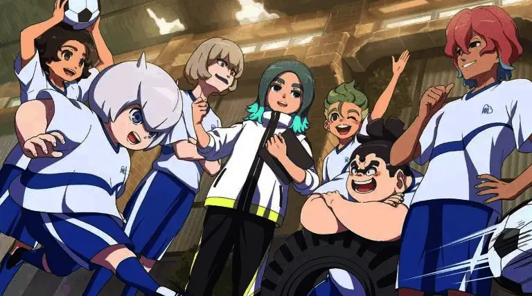 《闪电十一人：英雄之路》游戏画面，角色在绿茵场上激烈对抗，技能特效炫目