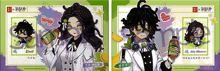 联名明信片套组平铺展示，呈现镭射反光特效与角色插画