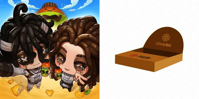 联名产品组合包装图，包含饮料箱、周边礼包与头像CDK卡片
