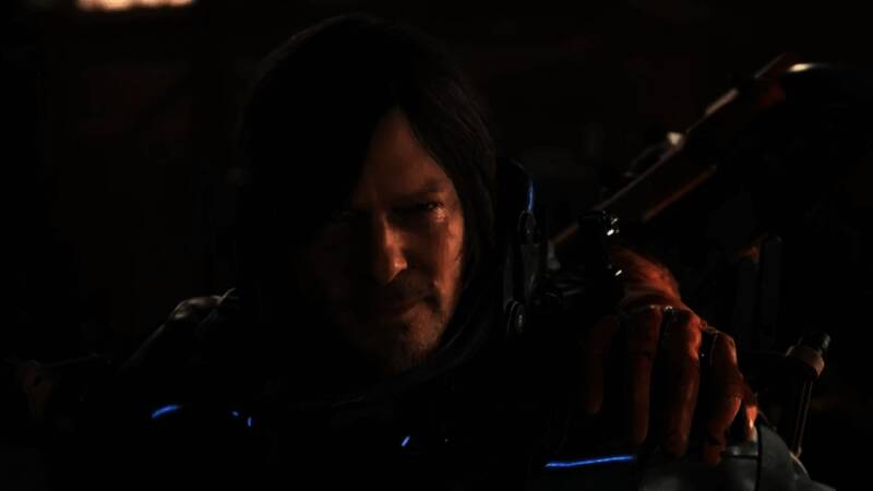 《死亡搁浅2》宣传图，画面中多位客串明星以全息影像形式环绕主角，科技感十足