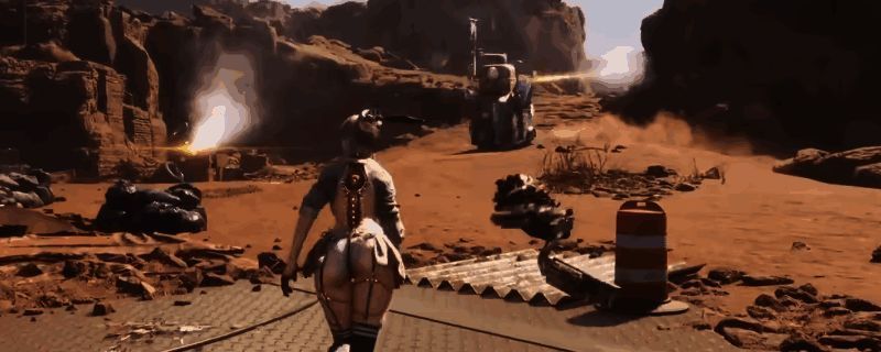 埃米尔商店车在大沙漠中行驶的场景，周围沙尘飞扬，玩家角色正准备靠近拦截