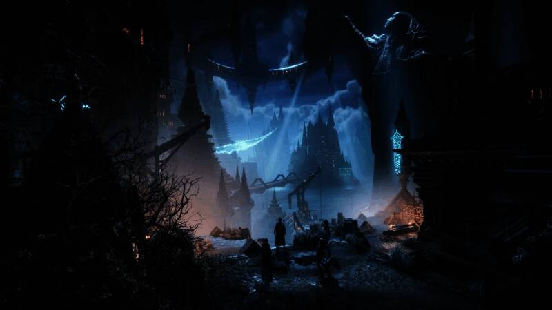 《龙腾世纪：影障守护者》游戏封面，暗色调背景中主角身披斗篷，手持武器凝视远方，氛围神秘而沉重