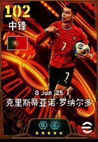 C罗身穿葡萄牙国家队球衣庆祝进球，目光坚定，双臂张开如火焰升腾