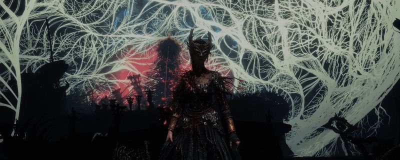 《明末：渊虚之羽》中角色手持武器，界面展示镶嵌‘先神之言’的特效，宝石散发神秘光芒