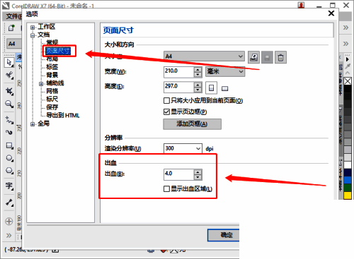 页面尺寸设置界面中出血选项的详细截图，显示输入框和勾选项