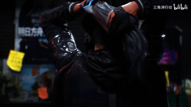 露娜身着黑色科技风战斗服，佩戴发光猫耳头饰，眼神锐利地望向远方