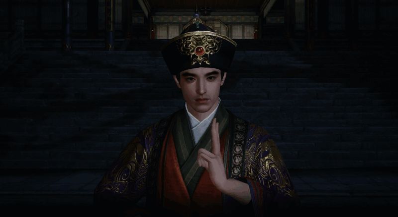 段智兴在终南山殿中施展武学，技能光效磅礴，周围弟子严阵以待，战斗场面宏大