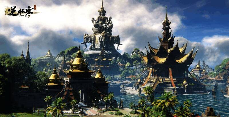 《逆水寒》新开放的海域岛屿地图全景，船只航行于蔚蓝海面，远处岛屿若隐若现，充满探险氛围