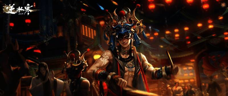 《逆水寒》唱珍会剧情场景，NPC们齐聚一堂，主角站在中央接受任命