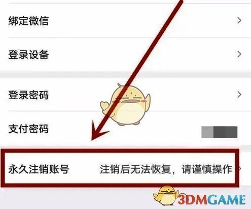 账户安全页面局部截图，红色箭头指向‘申请永久注销账号’按钮