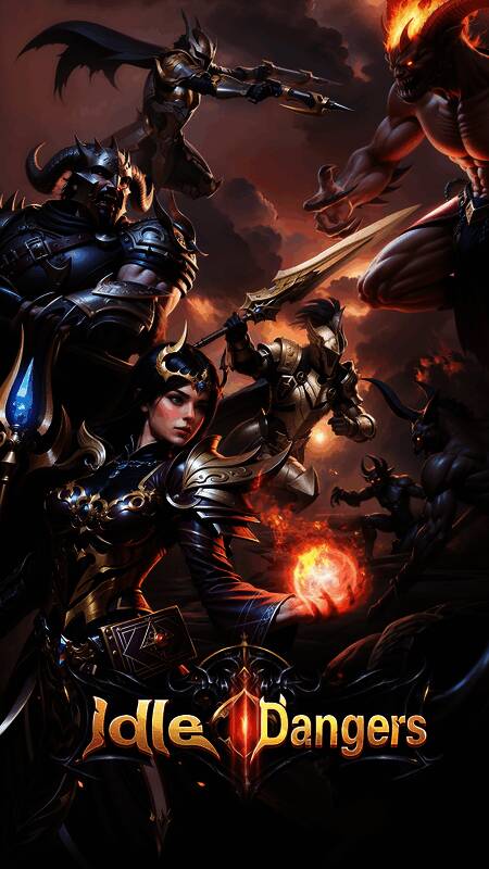 《Idle Dangers》游戏主界面展示，黑暗奇幻风格浓郁，角色立绘精美，UI布局清晰，呈现地下城探险与战斗场景