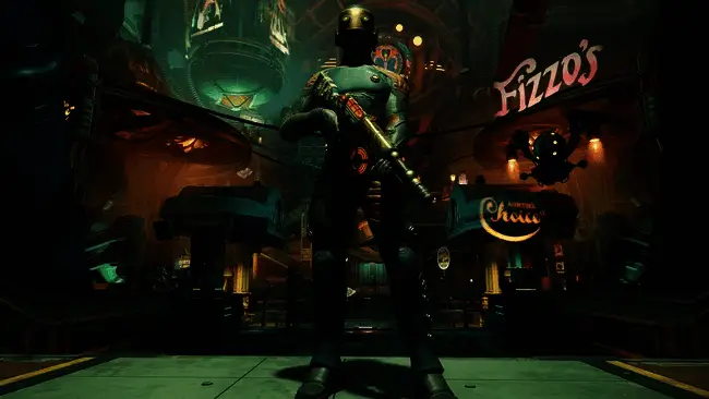 《天外世界2》游戏实机画面，展示角色在科幻都市中与NPC对话，界面显示技能树与对话选项