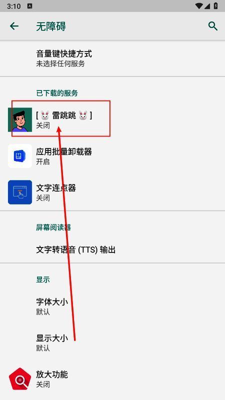 雷跳跳无障碍服务说明页面，包含功能描述与权限提示，服务开关处于待开启状态