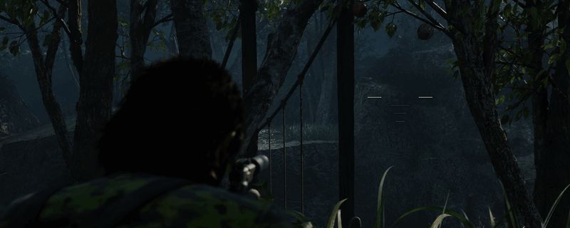 《合金装备3：重制版》游戏场景截图，展示丛林环境与潜行氛围