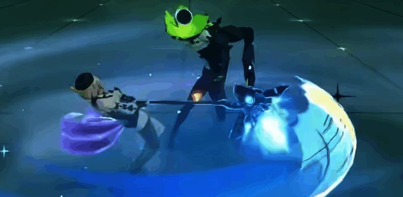 伊德海莉与敌人攻击对撞瞬间触发‘相杀’特效，敌人身体出现裂痕动画