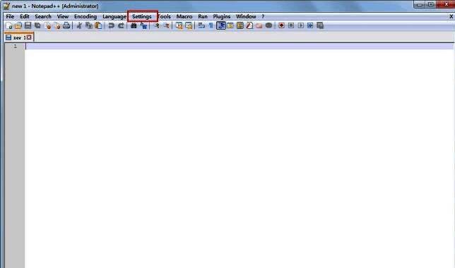 Notepad++顶部菜单栏展示，Settings选项被鼠标选中，界面为英文状态