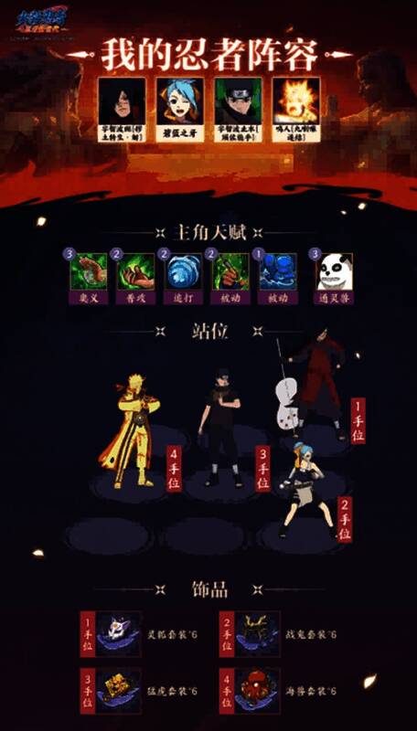 阵容一展示图，包含宇智波斑、止水、鬼鲛、水主等角色站位布局