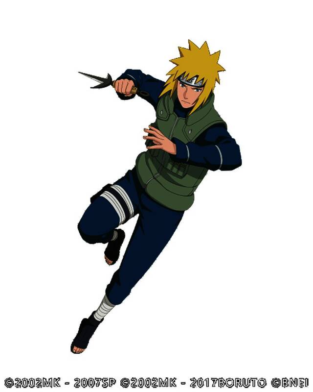 青年波风水门在空中投掷飞雷神苦无，身影如闪电般穿梭于战场