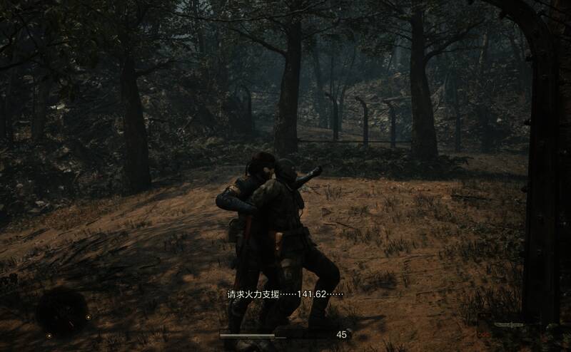 角色使用无线电设备进行通讯的画面，背景为战场环境，界面显示‘火力支援已派遣’