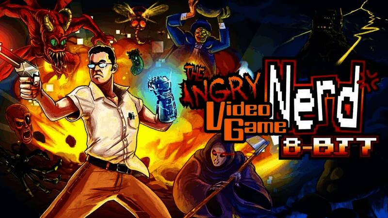 《喷神大冒险：8位版》游戏画面，主角喷神手持武器在像素风格关卡中与僵尸敌人激烈交战，背景充满复古电子风格特效