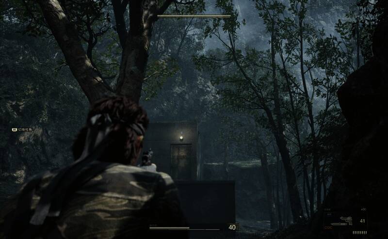 玩家角色站在屋顶附近，抬头望向一只停在高处树枝上的鹦鹉，场景为《合金装备3：重制版》的丛林基地