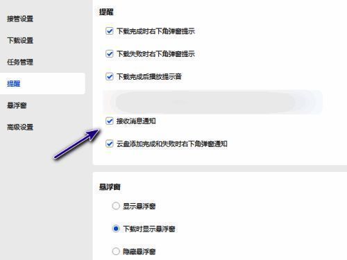 迅雷11提醒设置中取消勾选接受消息通知的操作界面