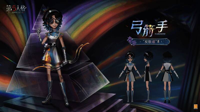 ‘发散谱’R佩戴发光发箍，手持奇异长弓，眼神坚定，身后光影变幻，象征希望之光