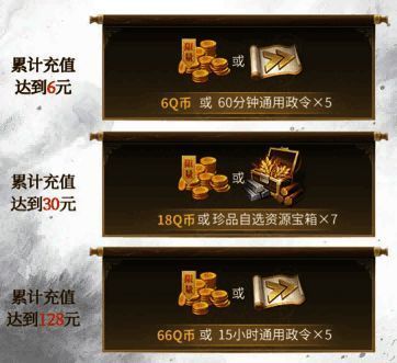 充值奖励档位表，展示不同充值金额对应的Q币或道具