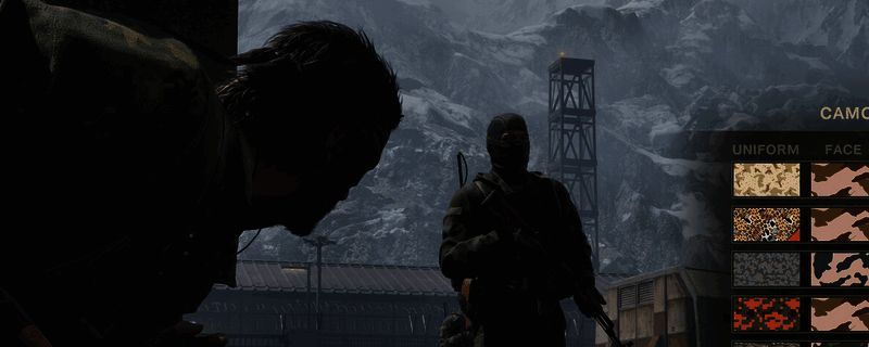 《合金装备3：重制版》游戏场景截图，主角Snake潜伏在丛林中，周围有巡逻的敌人，画面突出潜行氛围