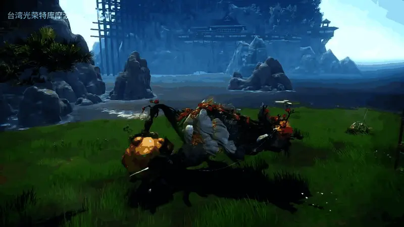 多人联机场景，四名玩家各持不同武器围攻巨型野兽，场面震撼