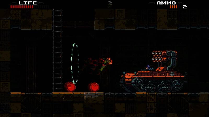 《WOLFHOUND》游戏画面：主角查克·罗塞蒂上尉手持武器，站在充满机械与血肉融合怪物的诡异岛屿上，背景为雷电交加的天空和废弃纳粹设施