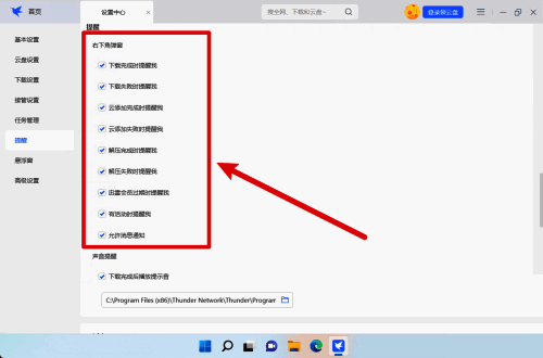 迅雷提醒设置中右下角弹窗选项的详细界面展示
