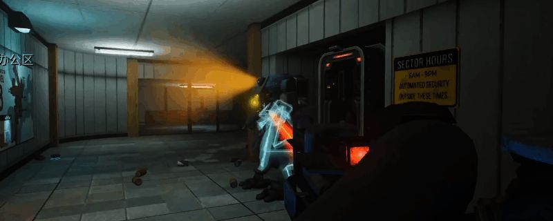 《非生物因素》中玩家手持激光炮对准远处敌人，红色激光束贯穿多个目标，周围环境为废弃科研基地，光影特效突出科技感