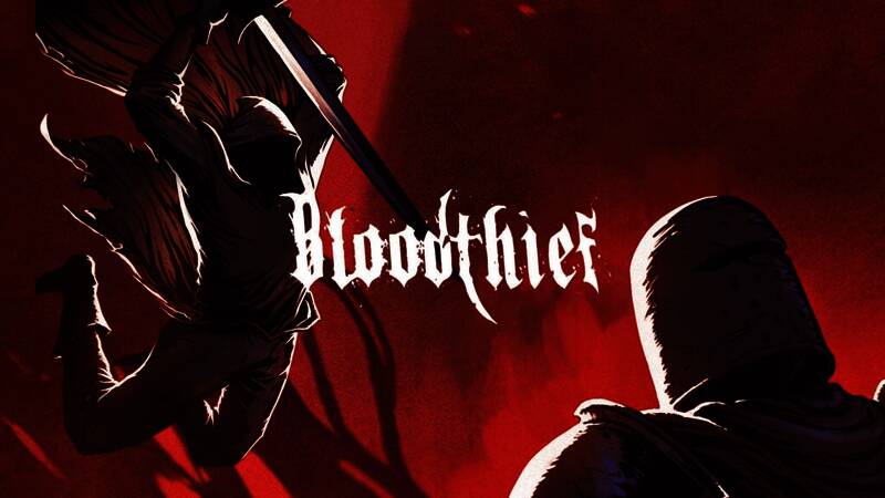 《窃血之徒》游戏画面展示吸血鬼角色在阴暗古堡中飞跃斩击敌人，四周血雾弥漫，场景充满哥特式恐怖氛围