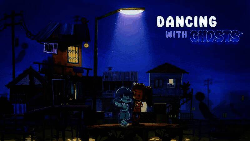 《与幽灵共舞》游戏画面：一位泰国少女站在黄昏下的村庄小路上，身旁漂浮着发光的幽灵女孩，两人影子交叠，氛围静谧而温暖