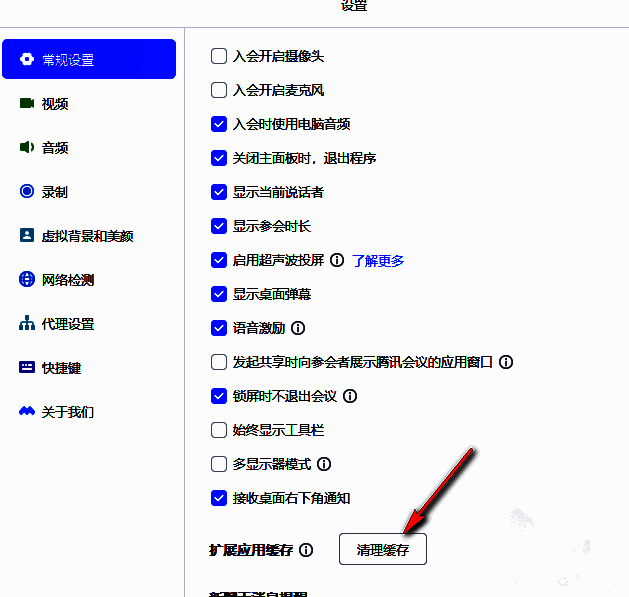 常规设置页面中‘扩展应用缓存’下方的蓝色‘清理缓存’按钮