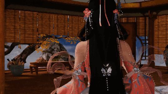 背面视角展示，裙摆如蝶翼展开，刺绣纹路细腻，背后蝴蝶装饰栩栩如生