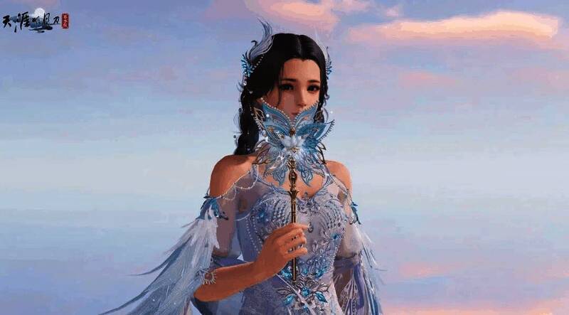 单手持蝴蝶仙女棒，角色侧身微笑，背景星光点点，氛围浪漫