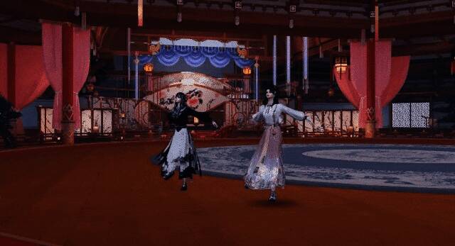 双人舞蹈《花间一壶酒》宣传图，两名角色一红一蓝，执扇共舞，背景为古风酒肆与桃花树