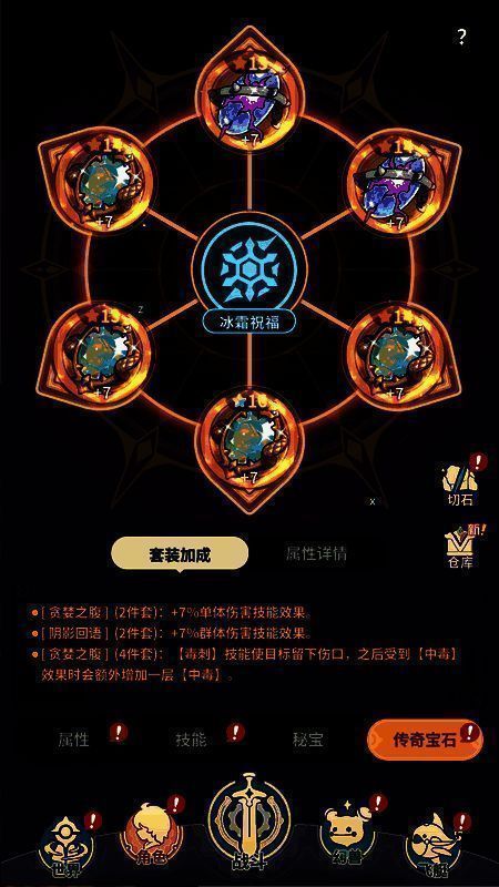 中毒流传奇宝石搭配图示，展示贪婪之腹与阴影回语组合