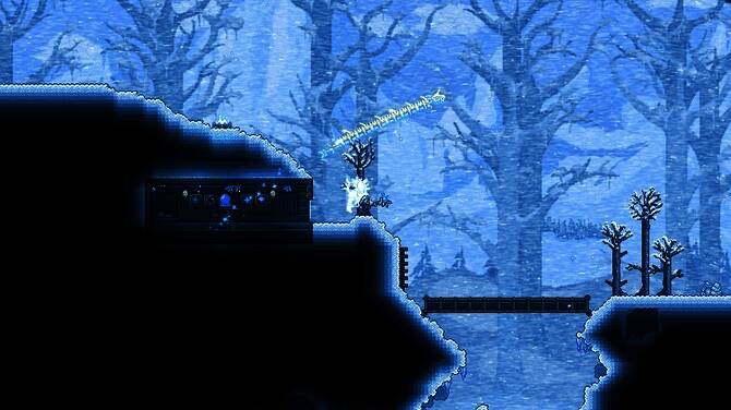 《泰拉瑞亚》游戏主界面与经典像素风格场景，展现方块世界中的自然地貌与建筑