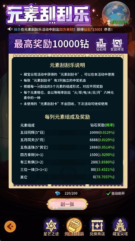 玩家正在进行刮刮乐操作，手指点击屏幕刮开奖项，特效闪烁，营造出抽奖的紧张与期待感