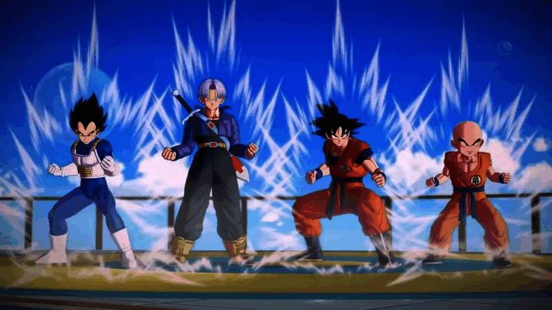 《龙珠：激震小队》官方宣传图，展示多位经典角色并肩而立，背景为激烈战斗场景与能量光束交织的战场