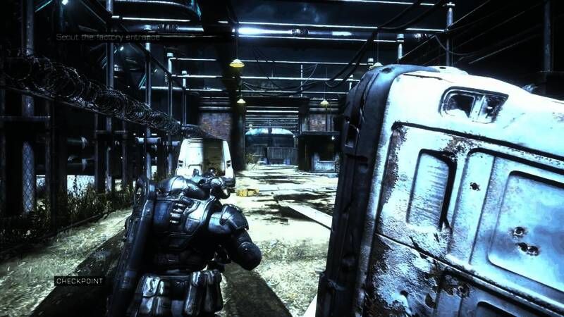 室内战斗场景，墙壁弹孔与破损家具细节丰富