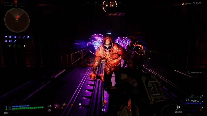 游戏中角色在废弃太空站内激烈交火，激光弹幕交织，敌人爆炸火花四溅，画面充满未来科技感