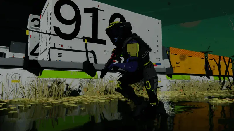 《马拉松》游戏测试宣传图，画面中呈现科幻风格的战斗场景与角色持枪对峙的紧张氛围