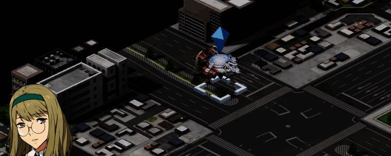 《超级机器人大战Y》中‘开启的大门’任务的城区战场场景，建筑物林立，机体在街道间展开对峙