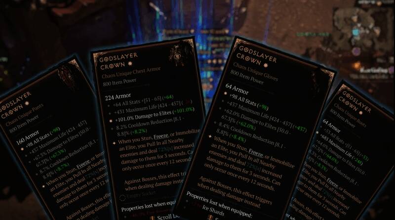 《暗黑破坏神4》第十赛季混沌护甲概念图，角色身穿泛着不规则能量光效的暗金铠甲，周围环绕扭曲的空间波动特效