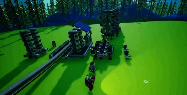 玩家使用机械臂在星球表面采集蓝色发光的太空元素矿石