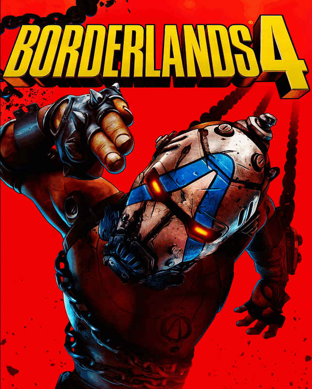 《无主之地4》多人合作战斗场景，四名玩家角色围攻巨型BOSS，枪火与爆炸特效交织